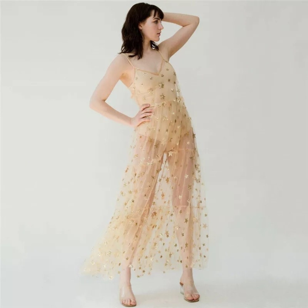 Golden Galaxy Sparkle Mesh Maxi Dress Cover Up